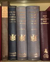 Spine view of five cloth-bound volumes showing titles and bindings