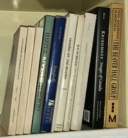 Photo of the full lot of assorted Canadian art books lined up on a shelf, showing titles and spine details.