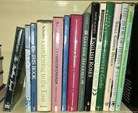 Books on shelf showing titles and general condition of the lot, primarily related to gardening and botany.