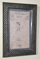 Full view of framed portrait sketch showing figure, globe, cherubs and frame detail