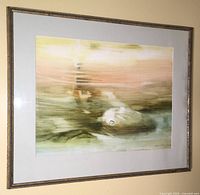 Front view of framed signed abstract landscape painting on wall showing overall colors and condition.