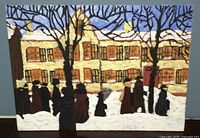 Full front view of unframed winter street scene painting on board