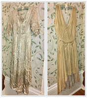 Two dresses full view side by side against floral wallpaper