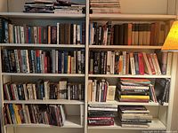 Wide view of two bookshelves fully stocked with over 100 books spanning classics, history, and literature.
