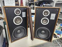 Pair of Translinear TL-10 speakers with wooden sides, black front panel, and three drivers each. Speaker grills lean against the speakers.