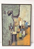 Full front view of framed abstract painting showing geometric shapes in earthy tones