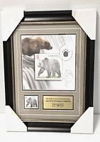 Full view of framed retirement gift featuring Canadian $8 Grizzly Bear stamp, large bear image, and plaque with message.