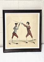 Full view of the framed hand colored lithograph showing two men fencing in 18th century clothing.