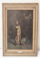 Frontal photo of the painting showing the Bodhisattva figure, green vessel, and red flowers on a dark background with gold-tone frame.