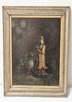 Full view of the framed oil painting showing the figurine, flowers, and overall composition