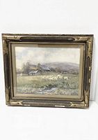 Front view of the framed watercolor painting showing the rural scene with sheep, farm buildings, and hills.