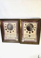 Two framed coin collections depicting Queen Elizabeth and King George VI coins with provenance details.