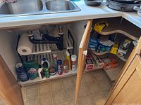Under sink cabinet with various cleaning items including bottles, sprays, paper towels, and kitchen wraps.