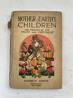 Front view of the 1914 children's book 'Mother Earth's Children' with illustrated dust jacket showing characters dressed as fruits and vegetables.