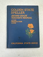 Front cover of the 1935 Golden State Speller Teacher's Manual showing blue cover with gold text and orange flower design.