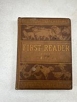 Front cover of the antique 1916 'First Reader' textbook showing brown cloth binding with embossed illustrations and gold text.