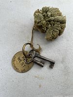 Pair of antique skeleton keys on beige tassel with round brass tag.