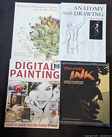 Four art instruction books arranged in a grid: Botanical Illustration Course, Anatomy and Drawing, The Complete Guide to Digital Painting with CD, Framed Ink