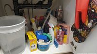 Photo of cleaning supplies cabinet showing Glad trash bags, sponges, spray bottles, and a white container with blue lid