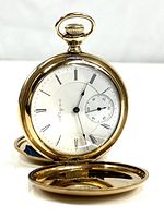 Front view with front and back covers open showing dial and hands