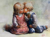 Frontal view of framed needlepoint artwork featuring two children, boy kissing girl holding daisy, showing colors, details, and frame.