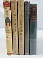 Side view of five books: four of The Short Reign of Pippin IV and one of Sweet Thursday, showing spines and dust jackets.