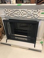 Front view of electric fireplace with freestanding black metal mesh fireplace screen placed in front. Visible white mantel with carved floral metal detailing attached.