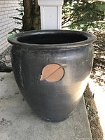 Front side of black oval planter showing the terracotta circle and leaf design