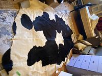 Full view of the black and white spotted cowhide rug laid out on the floor showing irregular organic shape and pattern.