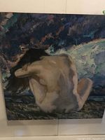 Painting of a nude woman seated with back turned, set against a moody blue and purple background, demonstrating broad, expressive brush strokes.