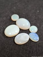 Six polished genuine opal gemstones on black background showing size and color variations