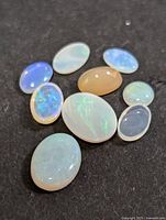 Nine genuine opal cabochon cut stones arranged on a dark background showing color play and variety in size.
