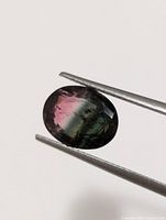 Oval faceted watermelon tourmaline gemstone held by tweezers showing pink and green coloration.