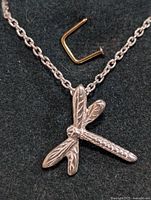 Close-up photo of the silver necklace chain with detailed dragonfly pendant against black background.