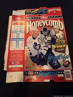 Front side of the Post Honeycomb cereal box with autograph and Toronto Maple Leafs hockey player images