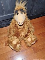 Front view of vintage ALF plush sitting on wooden floor showing face, upper body, and feet.