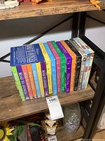 Shelf with all 9 DVD box sets lined up showing spines, titles, and colors.