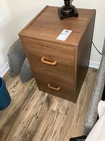 Side angle view of the modern 2 drawer file cabinet showing wood grain and handle detail.