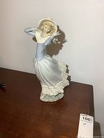 Front-left angled view showing the woman figure's face, hat, scarf, and flowing dress in light blue and cream porcelain.