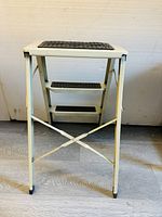 Front view of the 3-step small ladder showing steps with black rubber pads and metal frame.