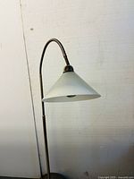 Side view of large floor rolling lamp with curved metal arm and wide frosted cone glass shade, bulb visible inside.