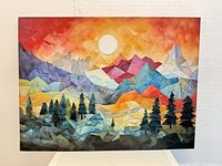 Front view of colorful abstract landscape wall art on canvas showing mountains, trees, and sun in geometric style.