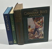 Three antique children's annual books standing upright showing front covers and spines with titles and illustrations