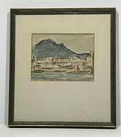 Full view of the framed watercolour painting showcasing a cityscape with mountain and boats.