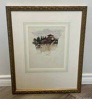 Full view of framed watercolour painting showing Florence buildings and cypress trees.