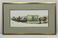 Front view of framed and matted watercolour painting by E. Copeland showing horse pulling canal boat along waterway with trees in background.