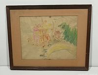 Full view of framed and matted watercolour painting showing abstract colorful washes on paper with visible aging and stains.