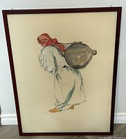 Full view of framed painting showing Persian lady carrying large pot on back.