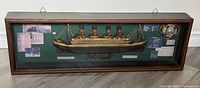 Full view of the shadowbox showing the wooden frame, glass cover, and interior with the Titanic model and papers.