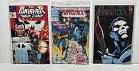 Three Marvel The Punisher comics displayed upright in protective sleeves and boards, showing front covers.